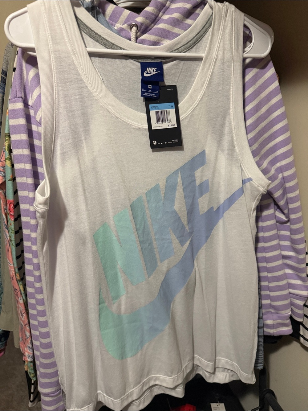 Nike White Tank with Mint-to-Lavender Gradient Swoosh